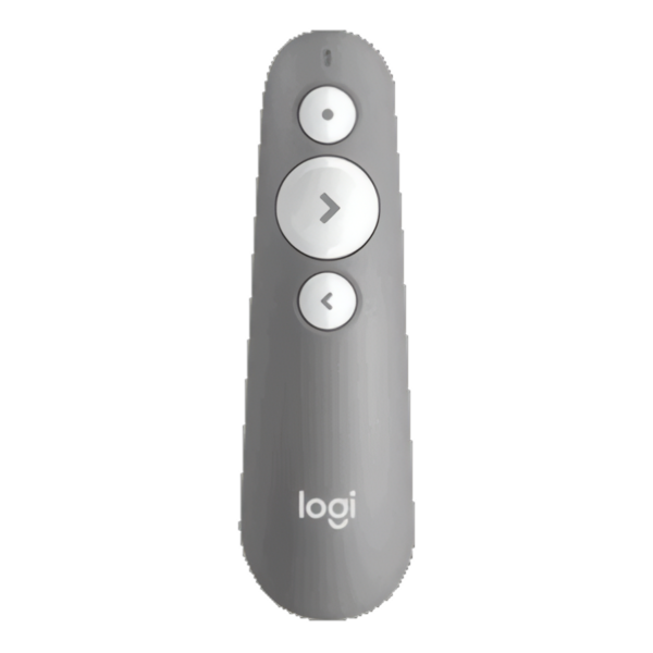 Logitech Wireless Presenter -kaukosäädin. Siinä on kolme painiketta, joista kaksi alempaa ovat nuoli vasemmalle ja oikealle.