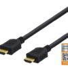 HDMI-kaapelin päät. Kuvassa myös HDMI Certified Premium Cable -teksti ja QR-koodi