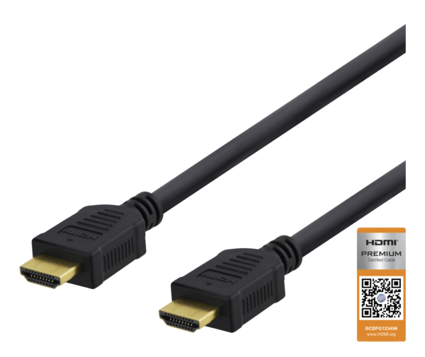 HDMI-kaapelin päät. Kuvassa myös HDMI Certified Premium Cable -teksti ja QR-koodi
