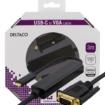 DELTACO USB-C - VGA, QWXGA 2048x1152 60Hz, 3m, DP 1.2 Alt Mode, musta