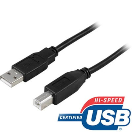 USB-A-USB-B-johto. Kuassa on teksti Hi-Speed USB Certified