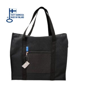 Kauppakassi, kestokassi. Valmistettu Suomessa. Pohjalla tukipahvi.